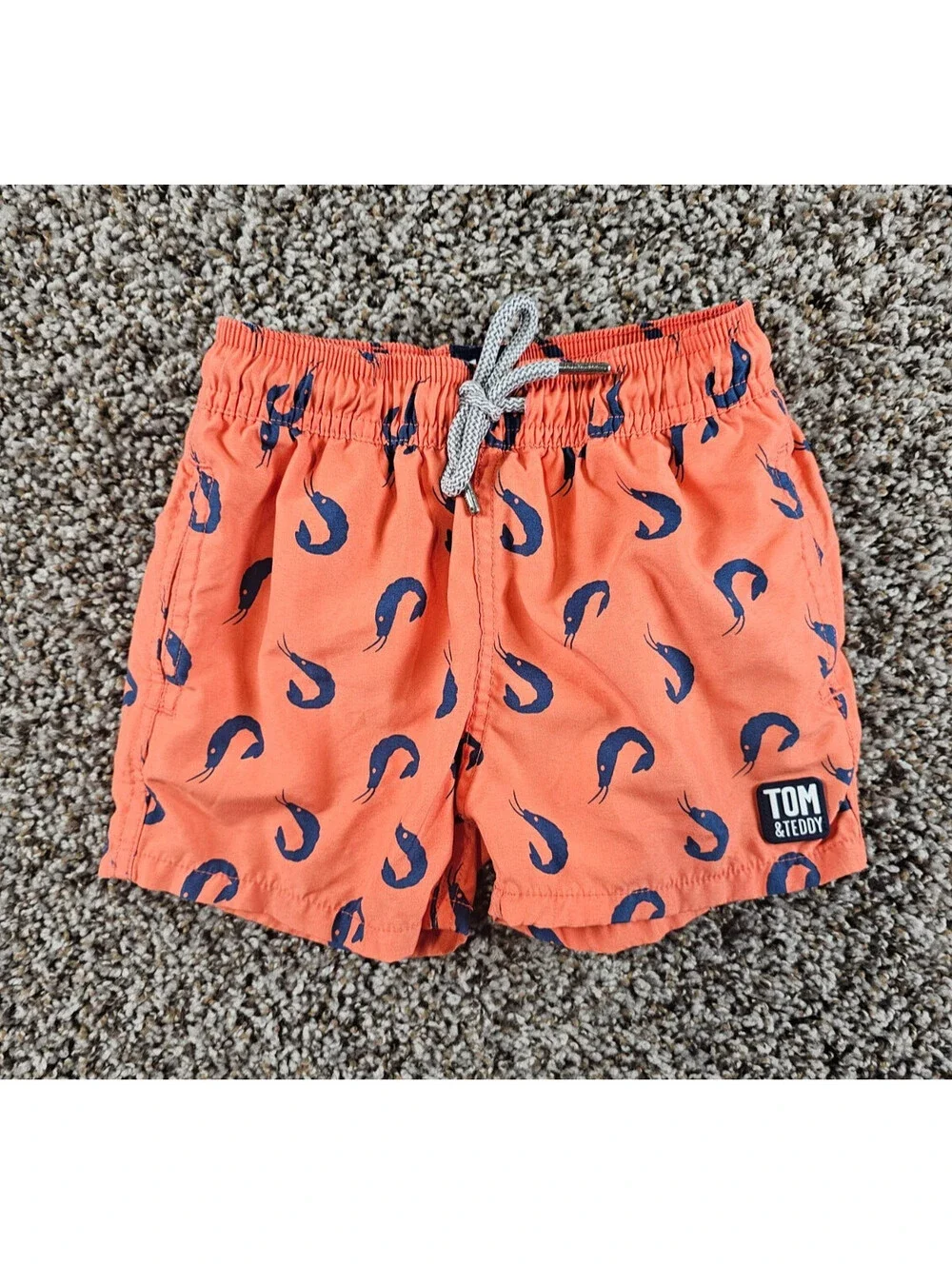 Tom & Teddy Baby Boys Sz 1/2 Swimsuit Swim Trunks Shrimp Print Orange Blue